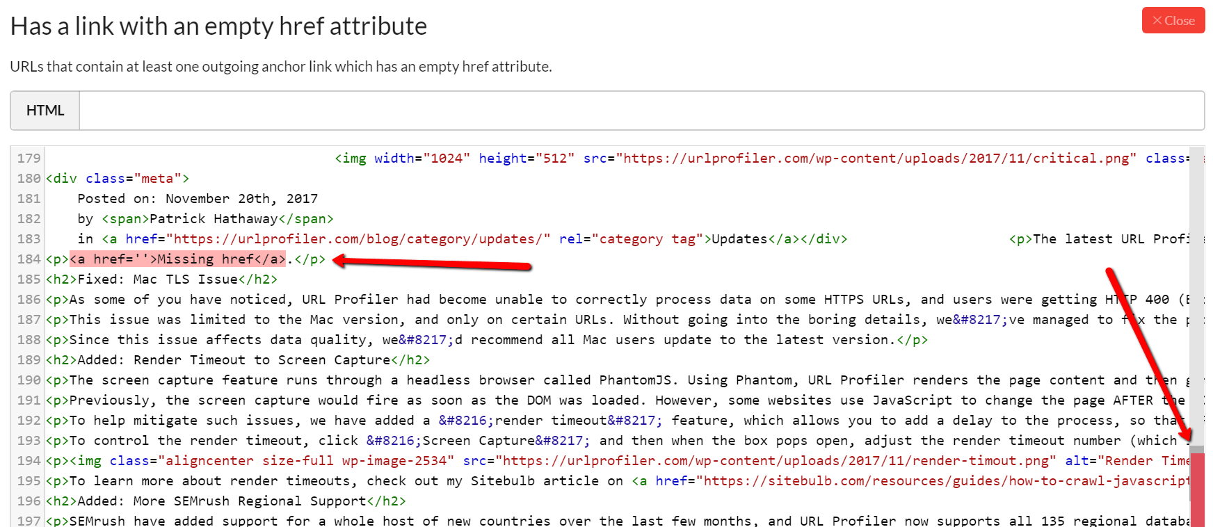 Link with empty href highlighted in HTML