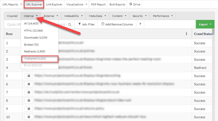 URL explorer orphaned pages