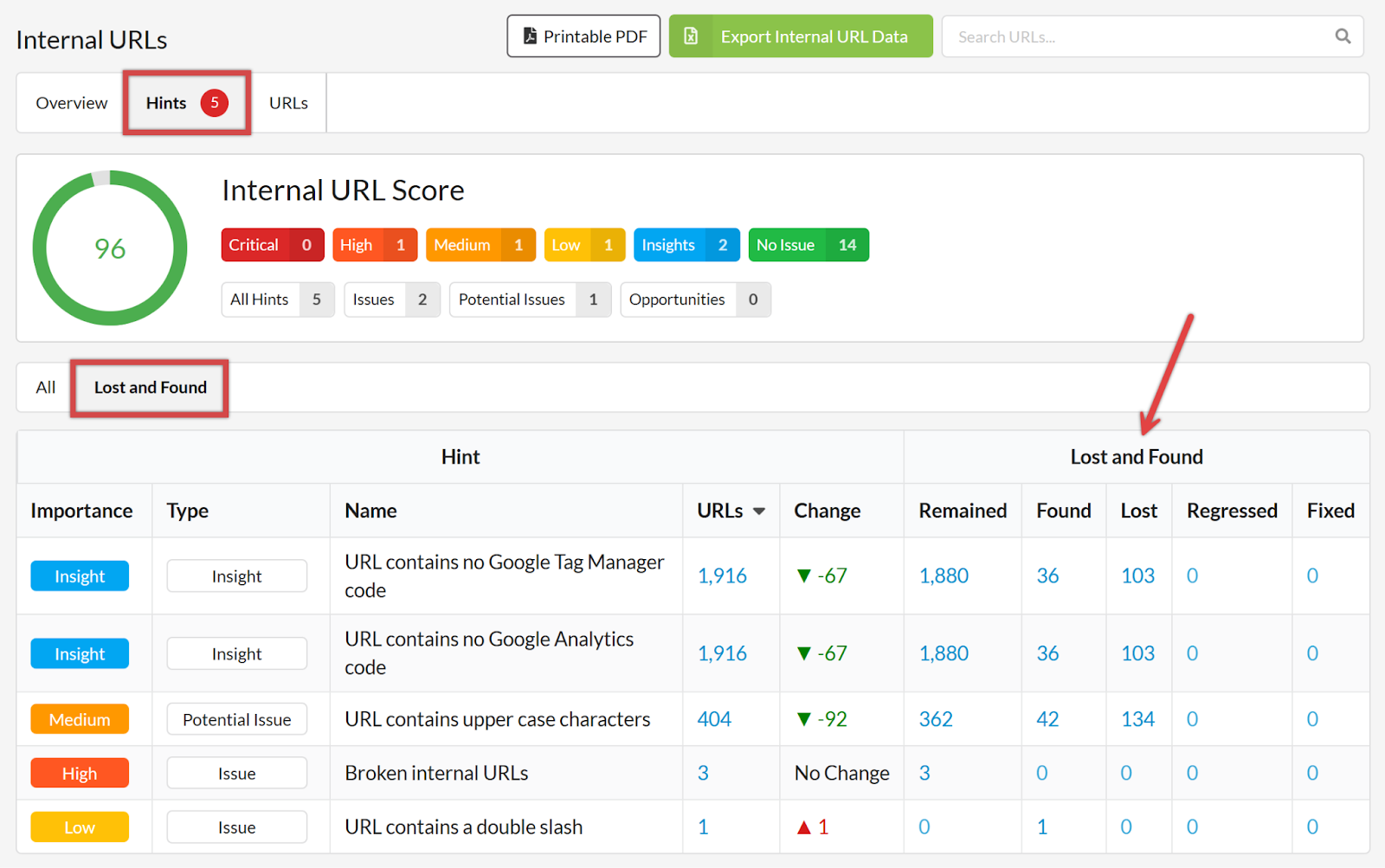 Sitebulb Internal URLs Hints list with the Lost and Found tab selected, showing columns for URLs, Change, Remained, Found, Lost, Regressed and Fixed for each hint, such as 42 URLs newly found with upper case characters.