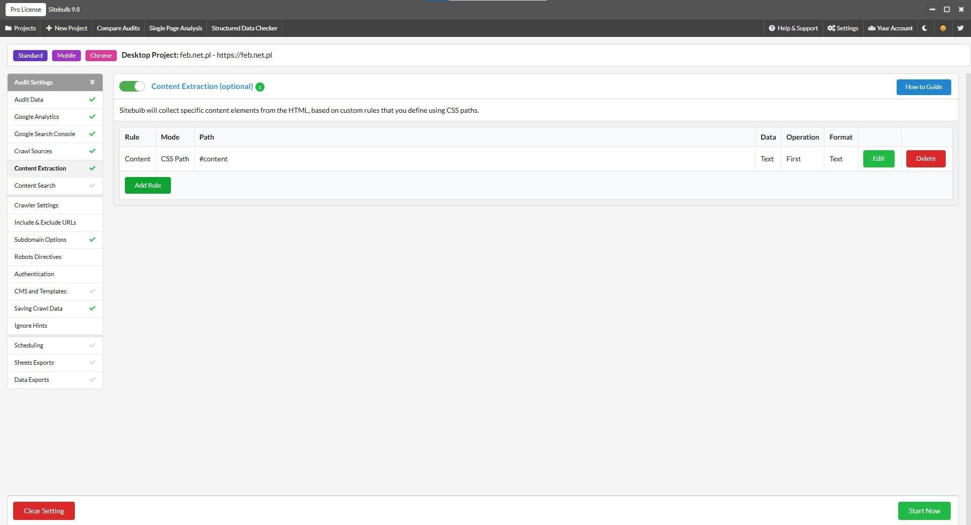 Sitebulb Audit Settings with the Content Extraction section enabled, listing one configured rule named "Content" that extracts text from the #content CSS path.