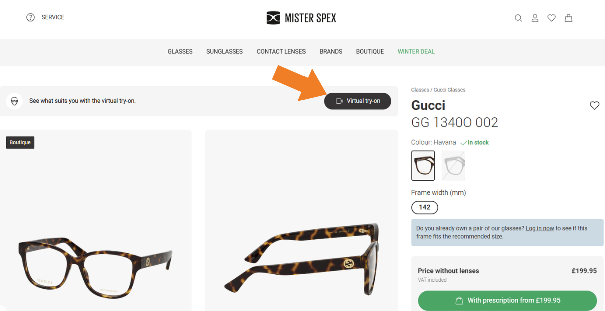A PDP showing glasses from the front and side. Above the pictures is a black button saying "Virtual try-on".