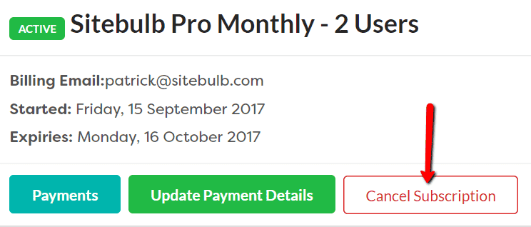 cancel subscription payment update sitebulb subscriptions card confirmed licenses once users