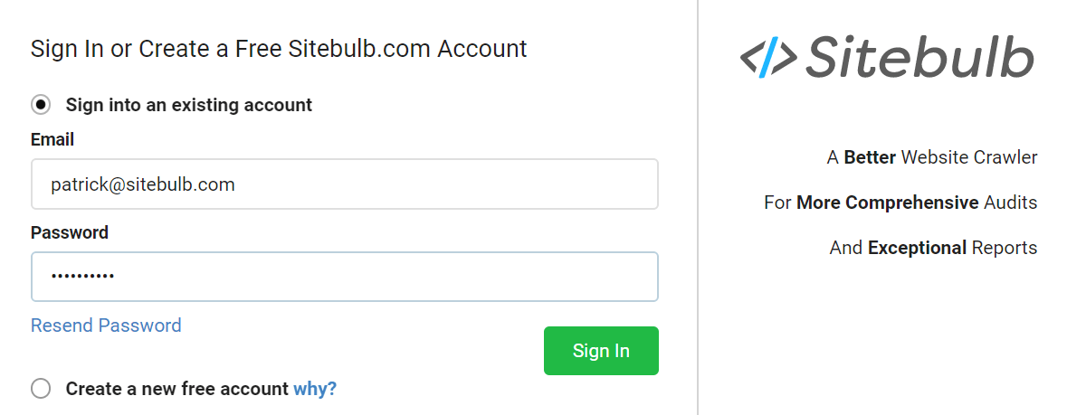 Sign in to Sitebulb