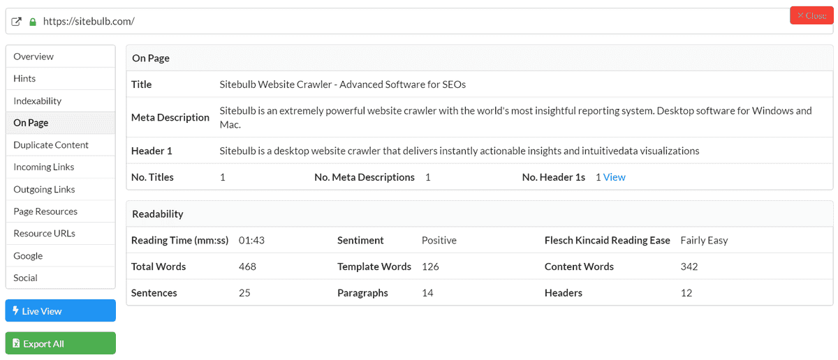 URL Details panel