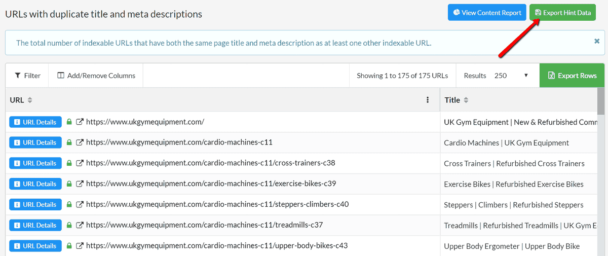 Export URLs with duplicate titles and descriptions