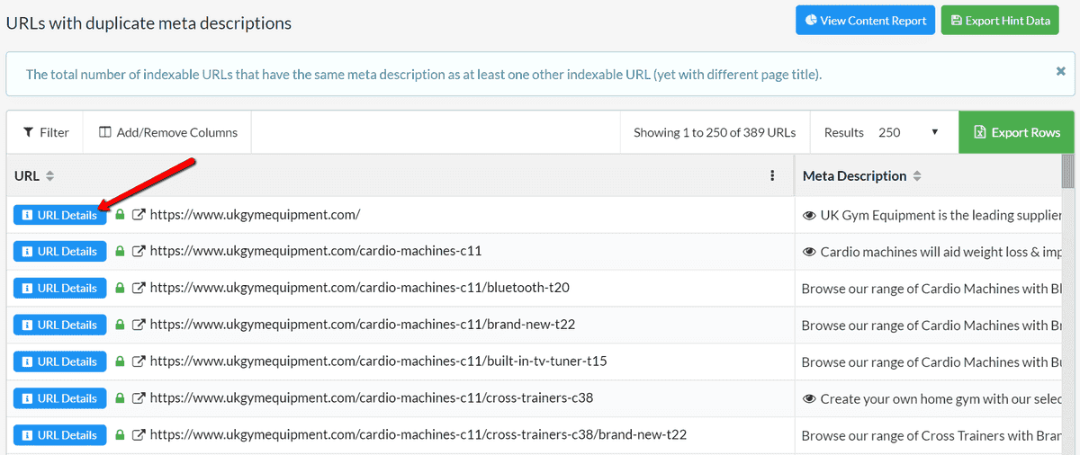 URL List Duplicate Meta Descriptions