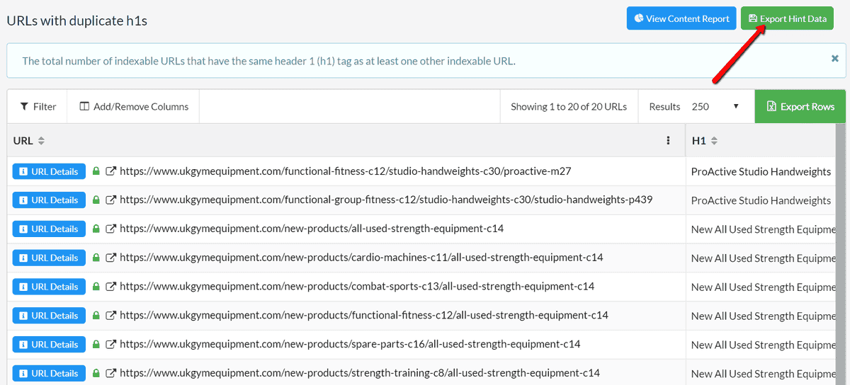 Export Duplicate h1s