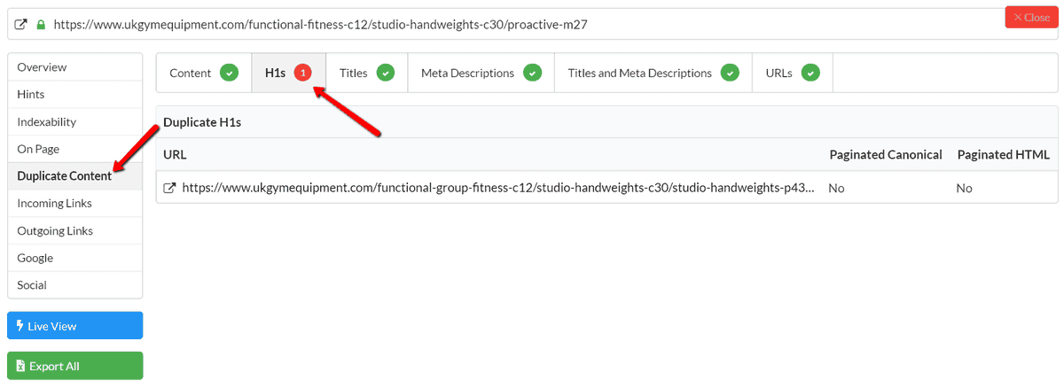 URL Details duplicate h1s