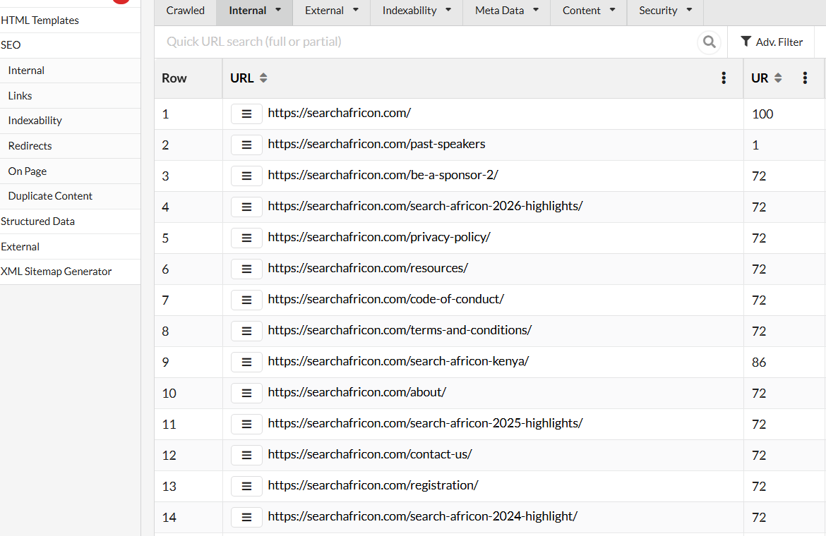 Sitebulb Internal Links report highlighting how entity pages are receiving the internal support.