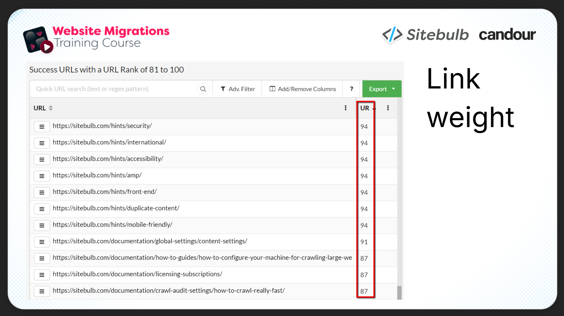 Slide from the webinar presentation showing Sitebulb 
