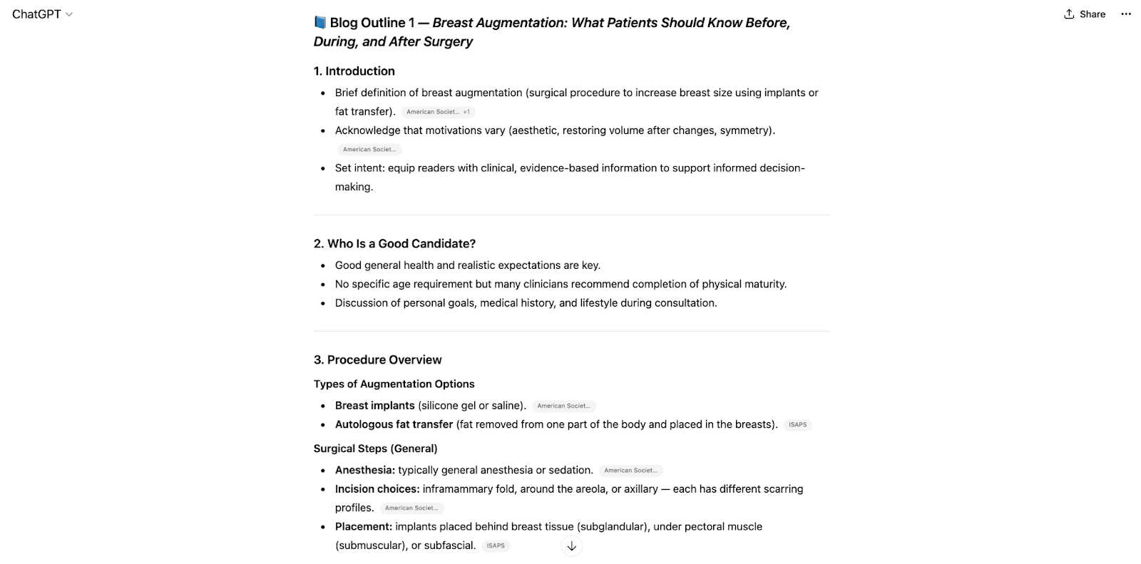 Chat GPT screenshot showing an evidence-based blog outline for a cosmetic surgery procedure