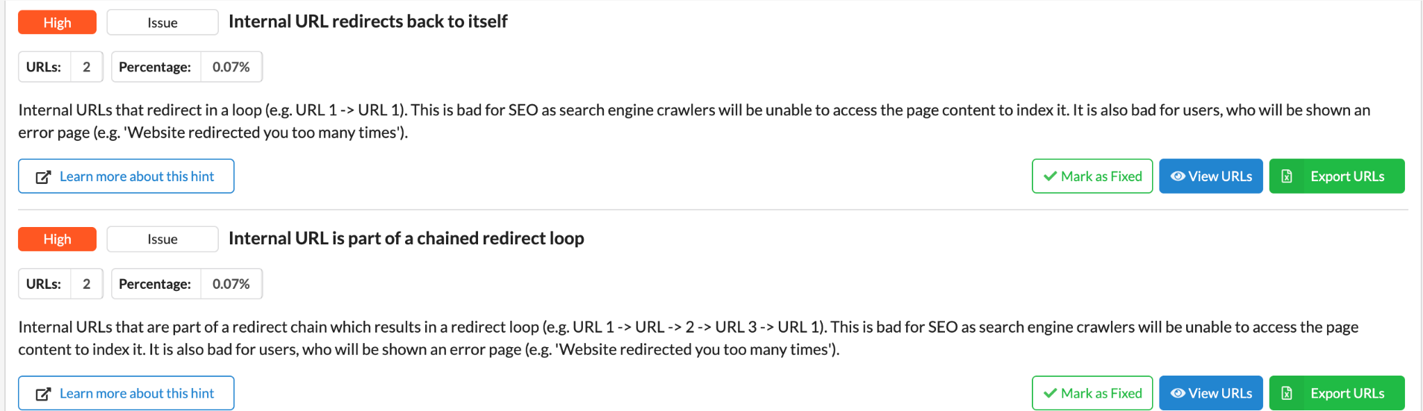 Sitebulb Redirect Hints flagging a self-redirect loop and a chained redirect loop during post-launch checks.