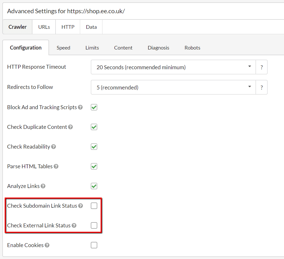 Switch off external links or subdomains