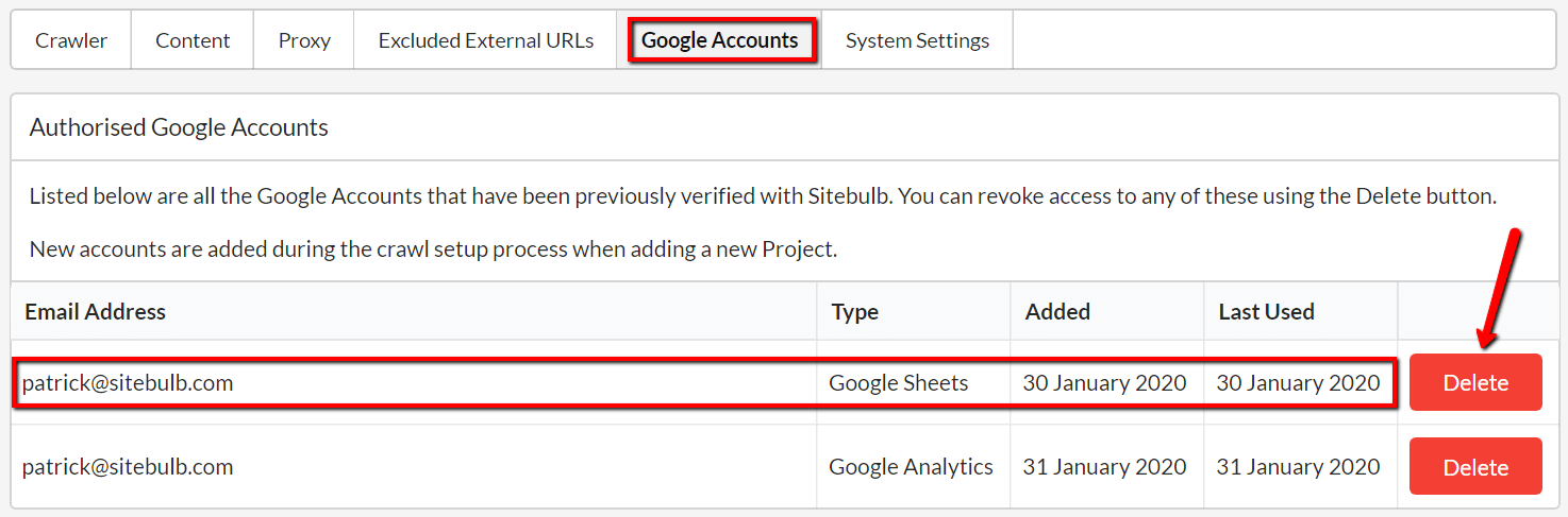 Delete Google Sheets accounts