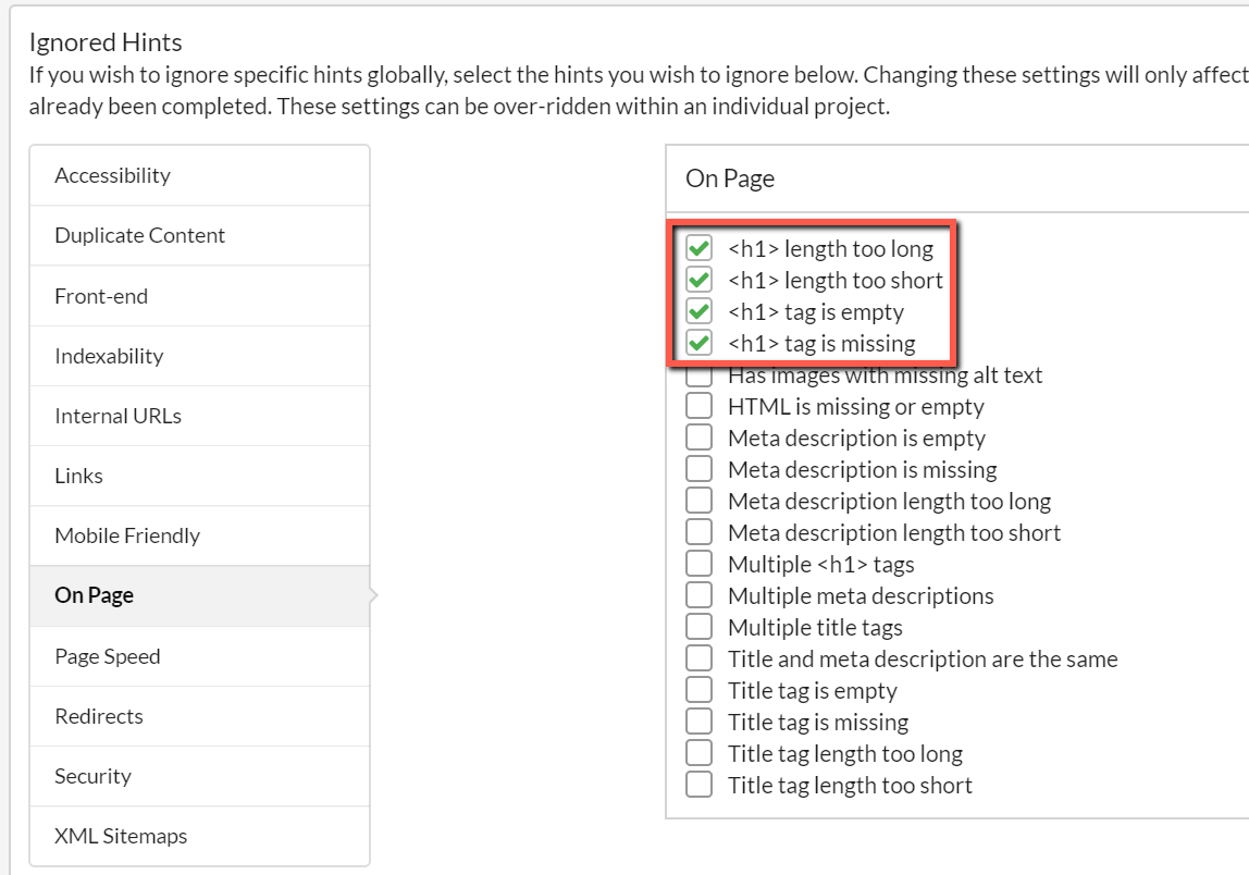 Global settings - ignore on page hints