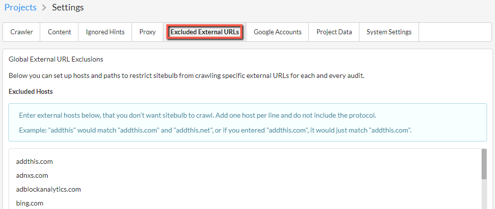 Excluded external URLs