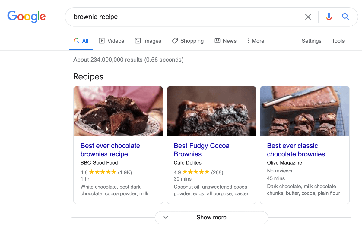 Recipe rich result example Google SERP