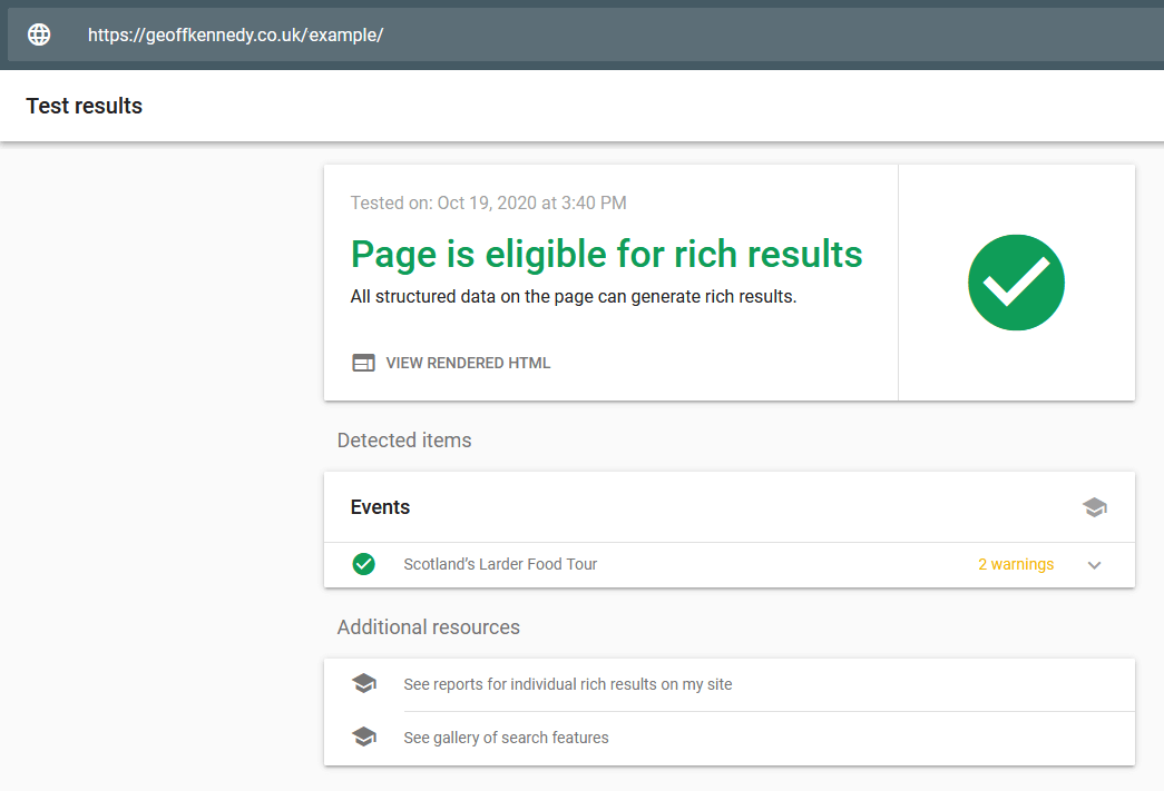 Google Rich Result Tool example