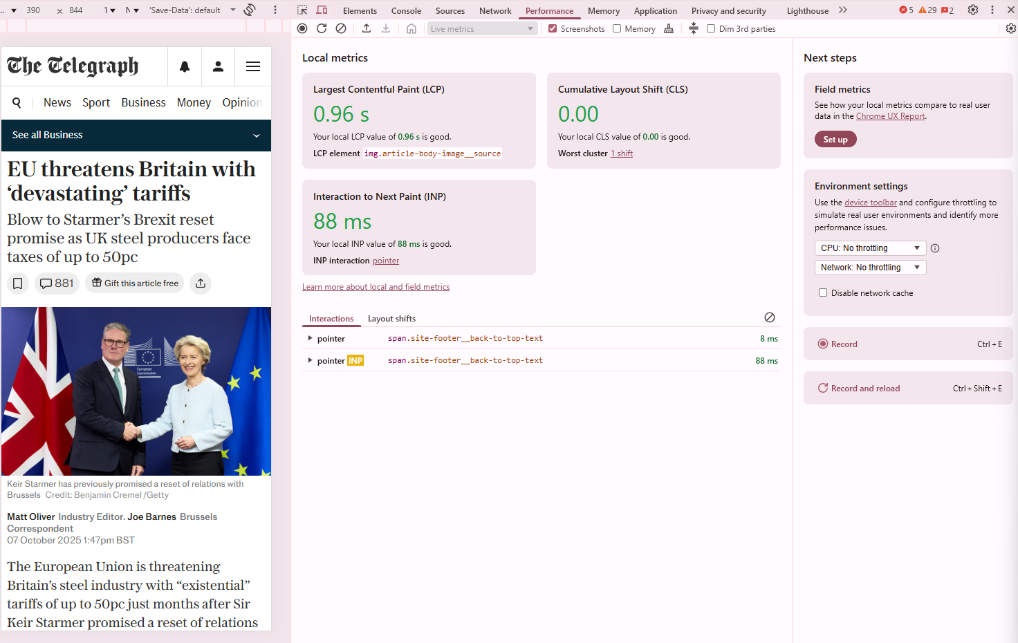 Screenshot of ChromeDevTools of the Performance Tab