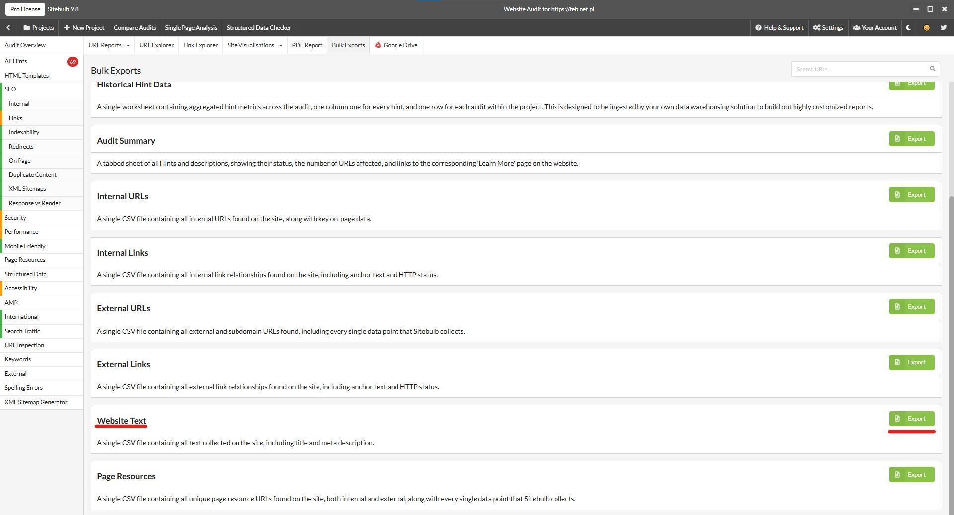 Sitebulb Bulk Exports tab with the Website Text report highlighted – described as a single CSV file containing all text collected on the site, including title and meta description – next to its green Export button.