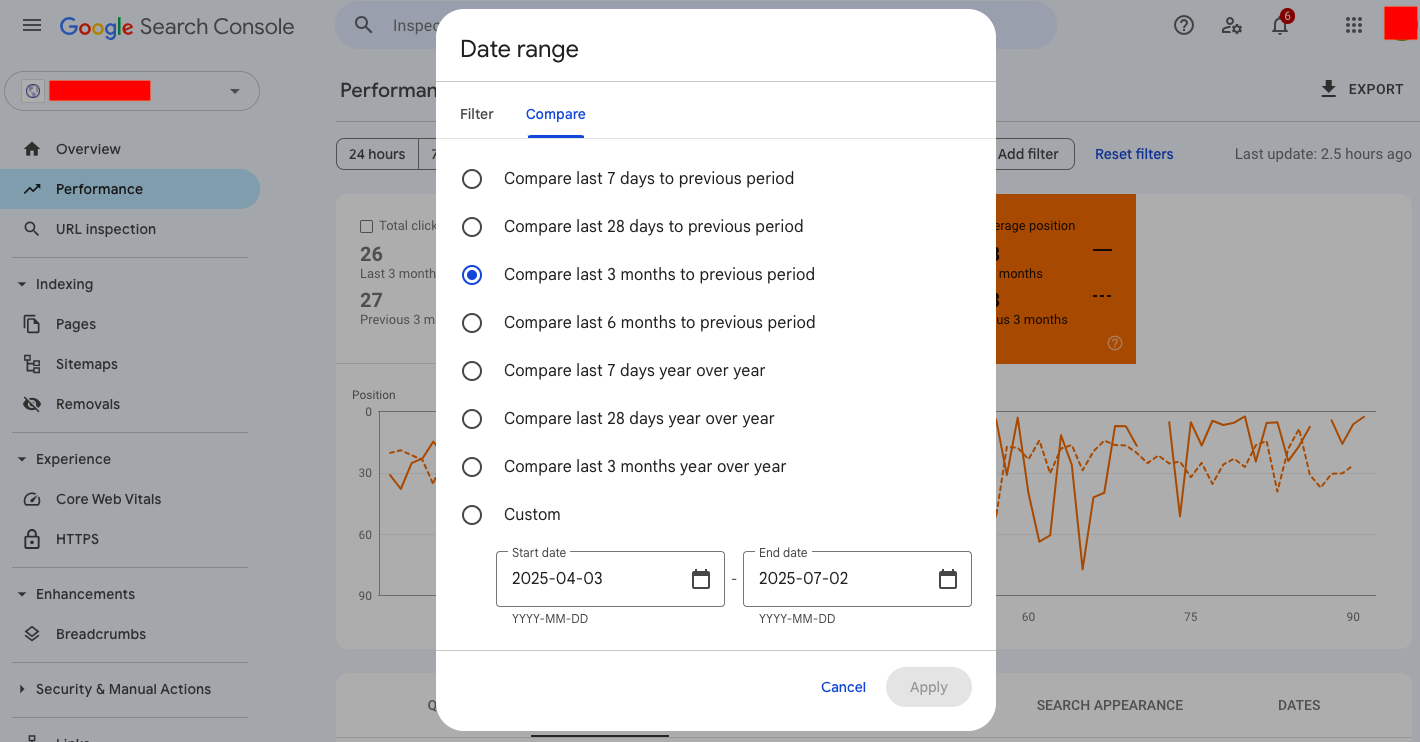 Example of a date range comparison in Google Search Console.
