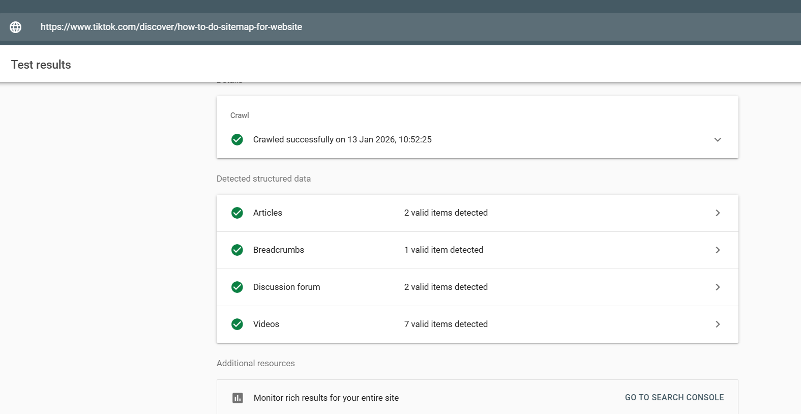 Rich data testing tool picking up structured data for article, discussions, forums and videos on TikTok