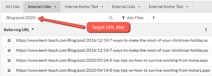 Filter on target URLs