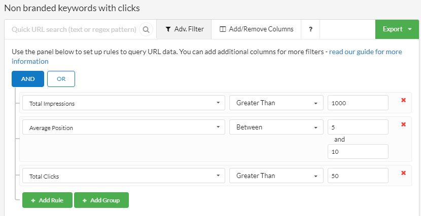 Advanced filter on non-branded clicks