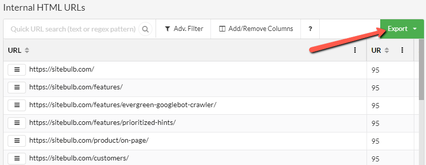 Internal HTML URLs export