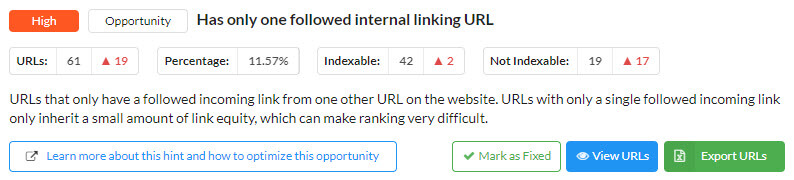 only one followed internal linking URL - Sitebulb hint screenshot
