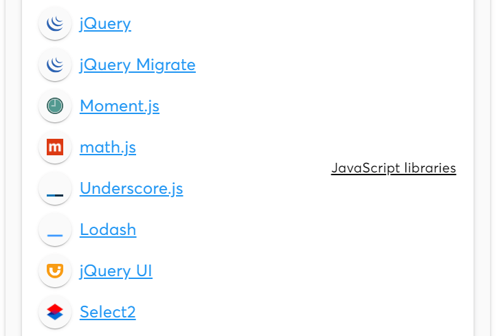 Wappalyzer JavaScript libraries screenshot