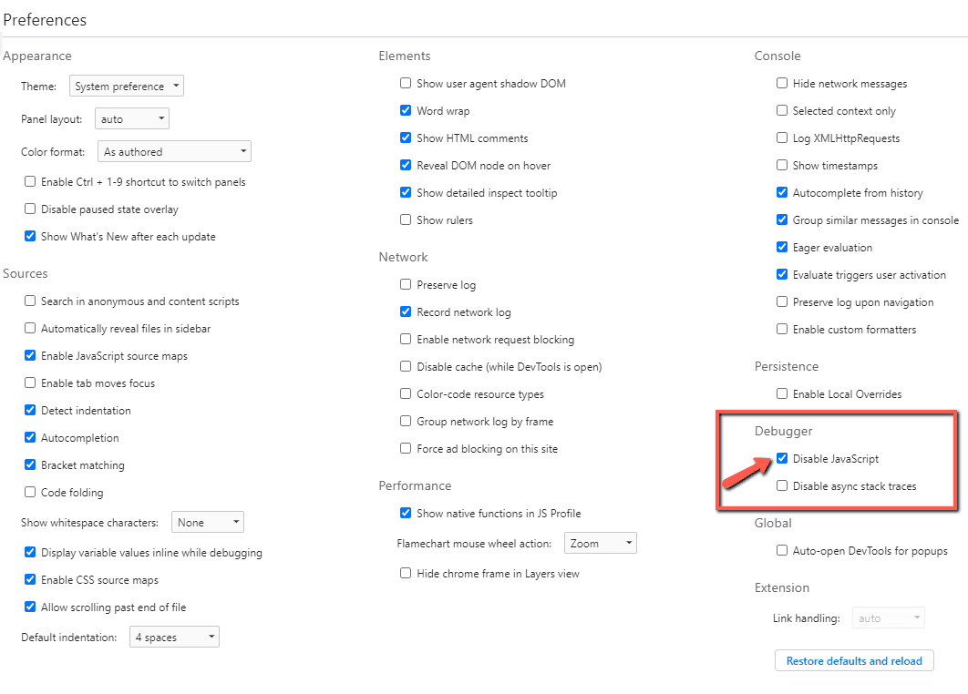 Disable JavaScript in DevTools