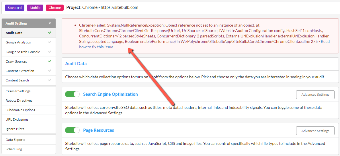 Chrome Failed Error message