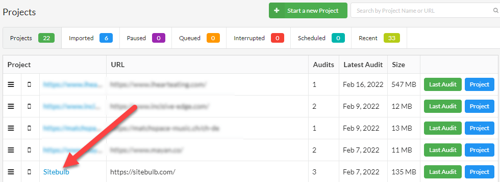 Renaming a project in Sitebulb