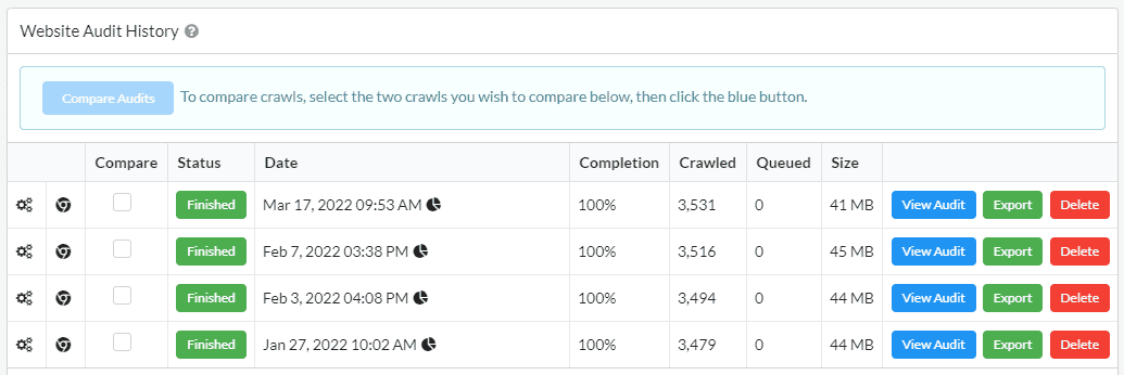 How to compare project audits in Sitebulb