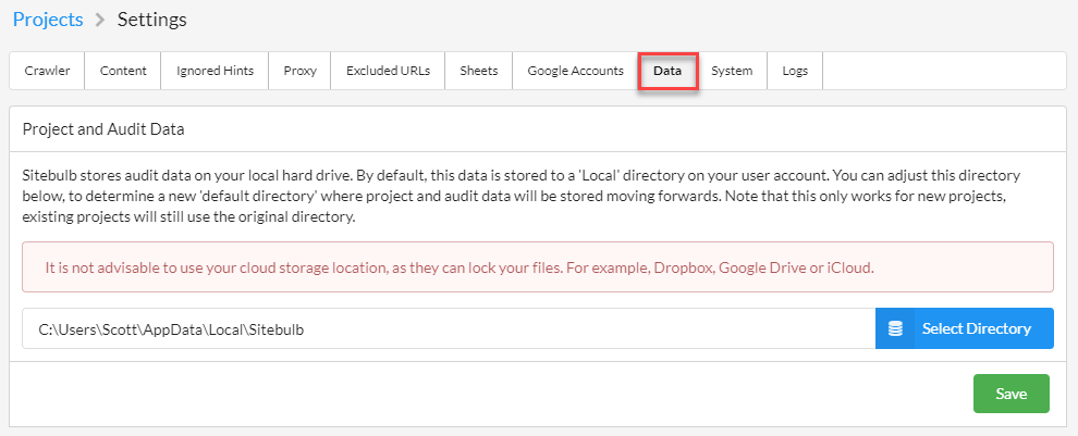 project and audit data directory