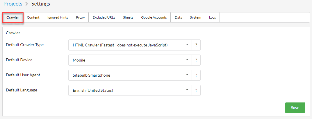 Global crawler settings in Sitebulb