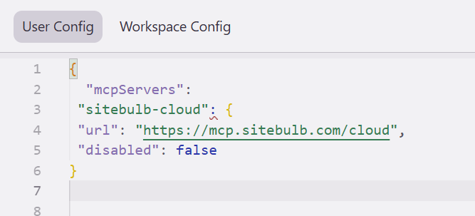 screenshot of mcp configuration in Kiro mcp.json file for a successful connection to the Sitebulb MCP