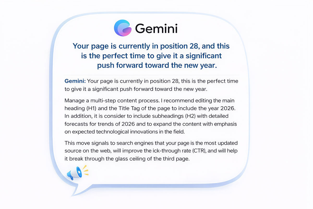 Screenshot of Google Gemini AI providing SEO recommendations to update a web page title with the year 2026.