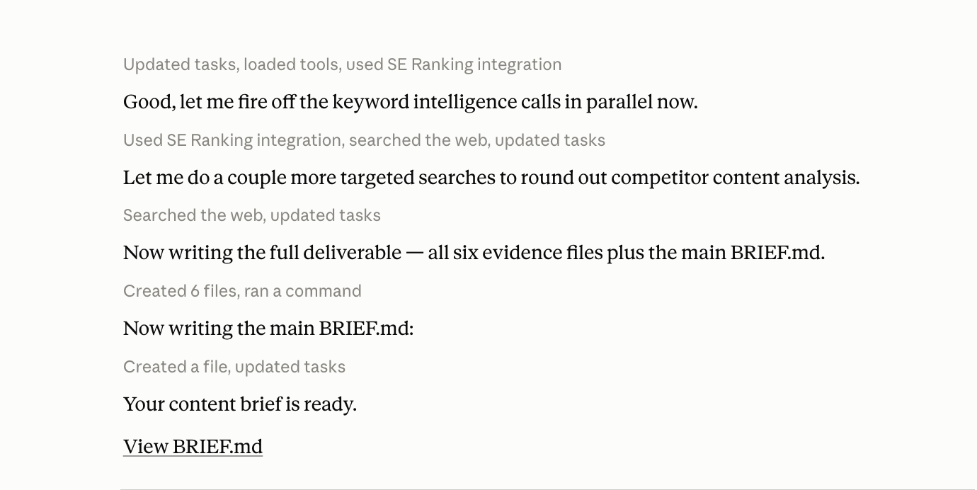 flow for content brief creation with Claude and SeRanking MCP