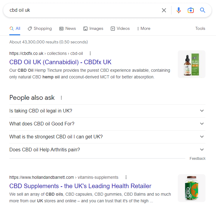 Search result for 'cbd oil uk', showing more commercial results