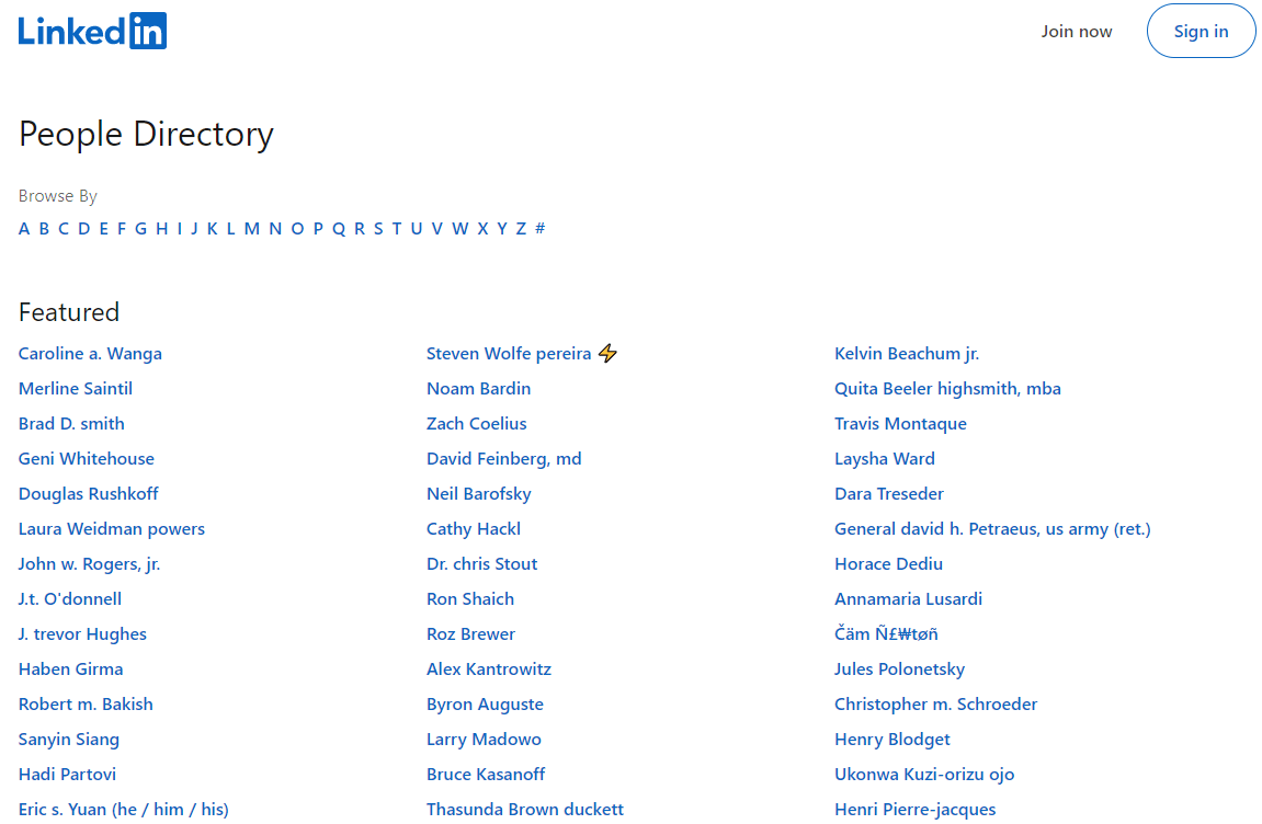 LinkedIn People Directory is an example of an HTML Sitemap