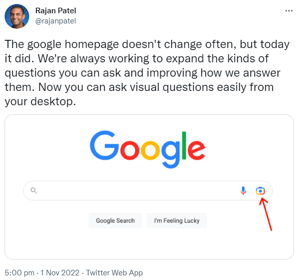 Google Lens now on the homepage - Twitter announcement