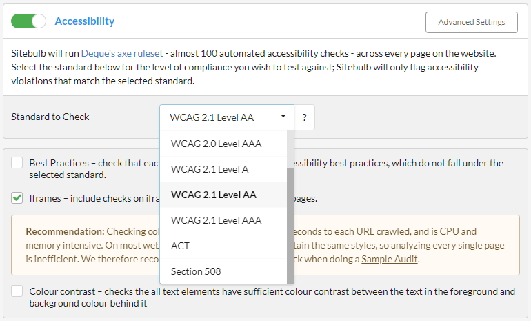 Selecting compliance level in Sitebulb