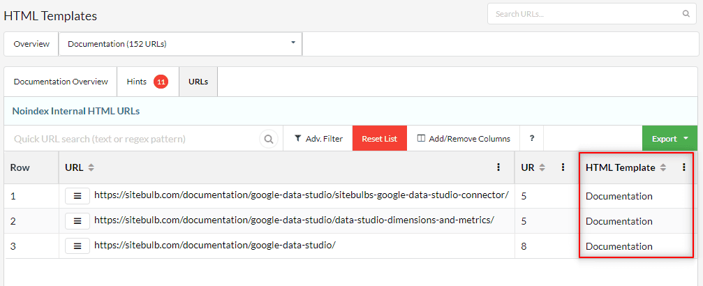 Template name in URL List