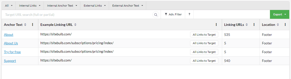 Internal footer links in link explorer