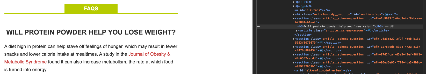 Screenshot showing the structured data code tied to Headings on FitandWell