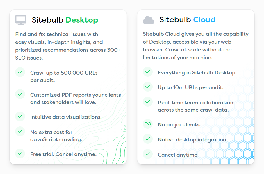 Graphic displaying the differences and features of Sitebulb Desktop vs Sitebulb Cloud