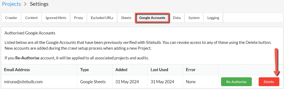 Delete Google Sheets Account