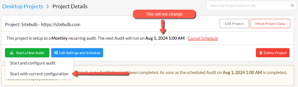 Starting an ad-hoc audit in a scheduled project